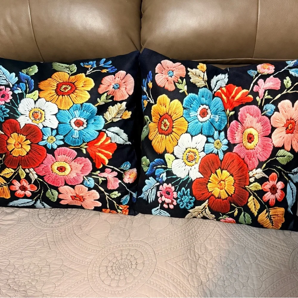 Hand-Embroidered Look Floral Throw Pillows - Black Background Multicolor Flowers